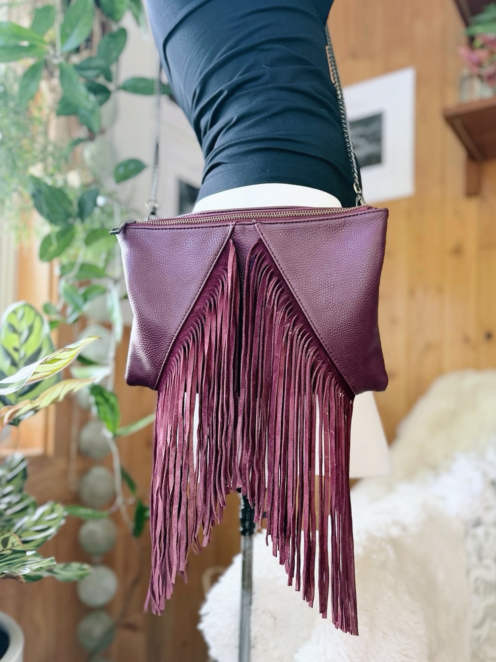 Free People Street Level Burgundy Fringe Crossbody Bag Boho Western
